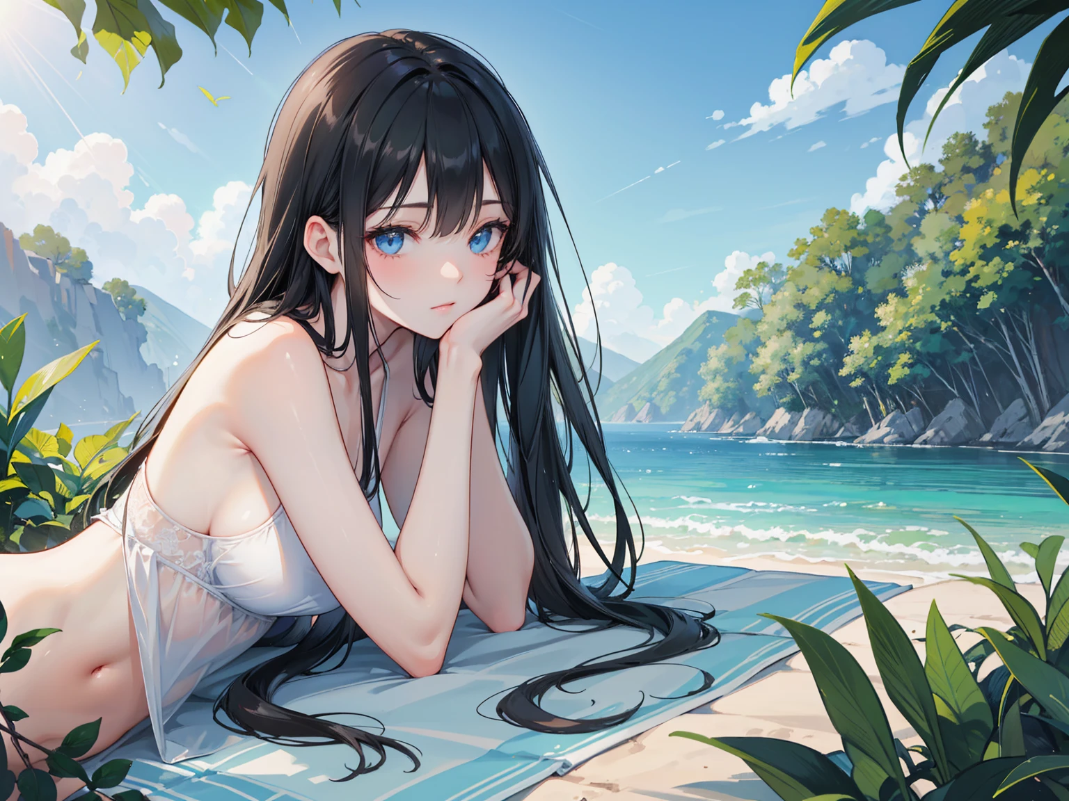 Highest quality, High resolution,thin、Brown eyes、expensive、Black Hair、(amount:1.3)、(Ocean:1.6)、(naked:1.3)、Tropical atmosphere、Relaxing,White shirt
