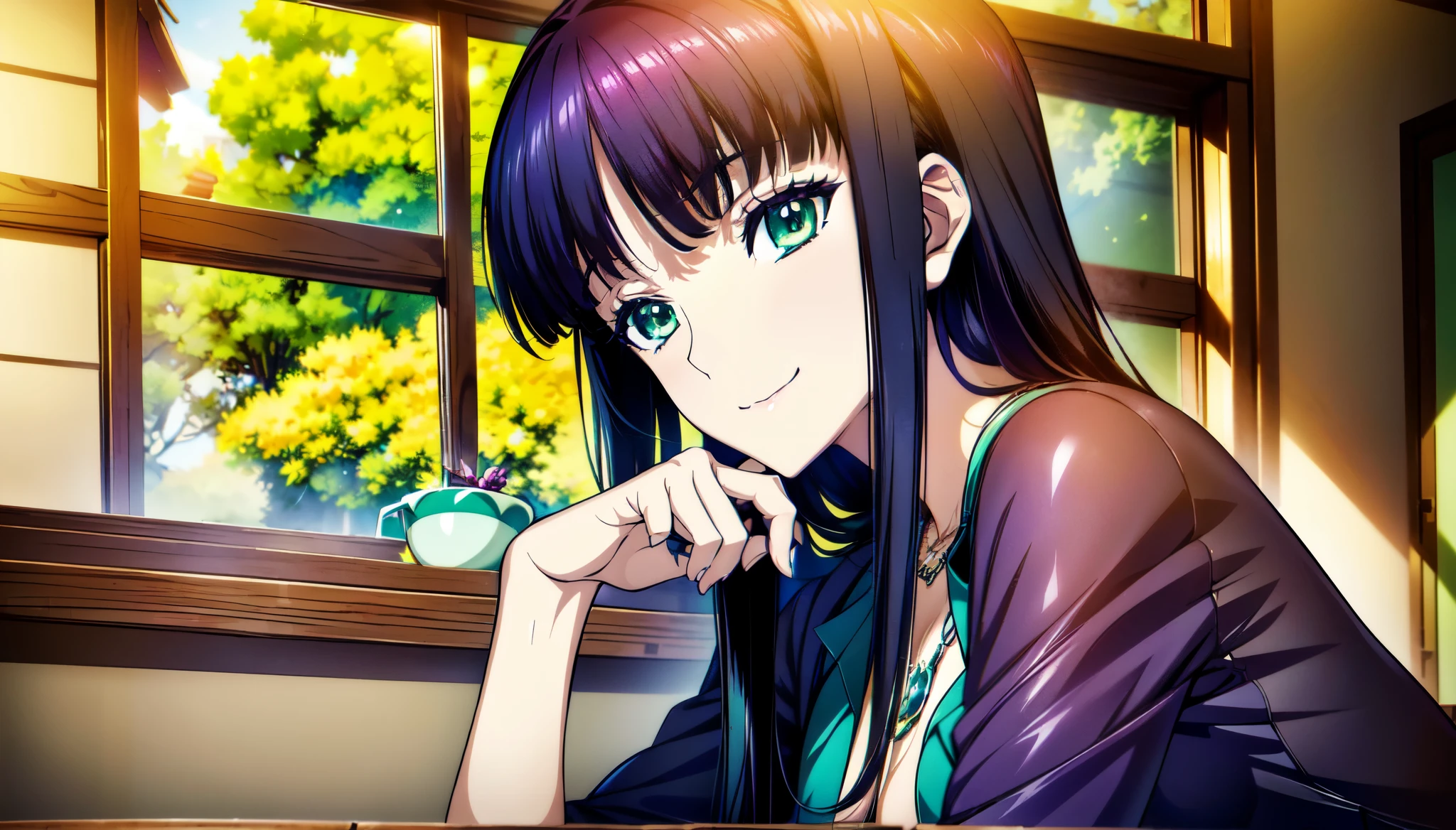 beautiful Anime high school girl, A Fascinating Anime Girl, Anime visual of a young woman,   anime best girl  , Anime girl with long hair and green eyes,,  A Fascinating Anime Girl, 超 high resolution, High Quality ,Connect ticker and 8k,  high resolution,  very detailed CG  ,  High Quality  shadows, Beautiful delicate face,  beautiful delicate eyes ,break(High definition 8K wallpaper),(Highly detailed CG 8k wallpaper),Makima ( Chainsaw Man ), Skasach (destiny/  grand order required ),Reika Shimodaira , nothing ,VERY DELICATE AND BEAUTIFUL CG ILLUSTRATION ,最 High Quality , beautiful thighs , big chest thin waist,(((masterpiece))), (((最 High Quality ))),8k,32K,​masterpiece,beautiful alluring Anime woman, Ultra Fine, ultra-detailed, high resolution, super realistic high school girl ,Masseter muscle area, 最 High Quality ,  High Quality ,   high definition  ,  High Quality のテクスチャ,  High Quality シャドウ,  high details, Finely Details , teenage girl,1 personの少女, College Student ,Alone,I, Person One,Alone,1 person,Taki, adult ,Leg length,Beautiful long legs,8 heads, statue :171cm, mature girl , fuchsia hair, fuchsia hair, purple hair,Blackcurrant colored hair,Silky smooth hair, Colorful Hair , straight hair,smile,Cool Beauty, beautiful women,Beautiful face, Beautiful realism, bewitching look , Bewitching looks , gentle expression , beautiful hair,She wears a necklace around her neck, necklace, ビーズ necklace ,Magatama Accessories,smile, colorful eyes, green eyes,Jade green eyes, beautiful eyes, bright eyes,Delicat eyes, Jewel Eyes ,Jade Eyes,Droopy eyes,( green eyes:1.5), enchanting face ,Watching the audience,Model Photo, simple background, black hair,  long eyelashes, lightsmile,  fuchsia hair, Blackcurrant colored hair, hairpin, lightsmile, 魅惑的なsmile, Jade green eyes, Your eyes are sparkling, Droopy eyes,  colorful eyes , Anime style, ハイパー realism,  realism, Anime, 8k,  more details, Accurate, 最 High Quality , 16k,  anatomically correct, Accurate, 超 high resolution, 16k,  high resolution, 最 High Quality ,　(( white collared shirt)),Button-down shirt, ties,レッド ties,School Uniform, College Student , blazer,School Sweater, dark gray sweater , plaid skirt, place hands on back , is standing, Elegant Exterior ,Daytime,sunlight,School building,corridor, is standing,  is leaning against the wall ,  with hands behind  , evening ,Sunset outside the window,after school,Watching the audience,‎Classroom ,School building 学校,after school