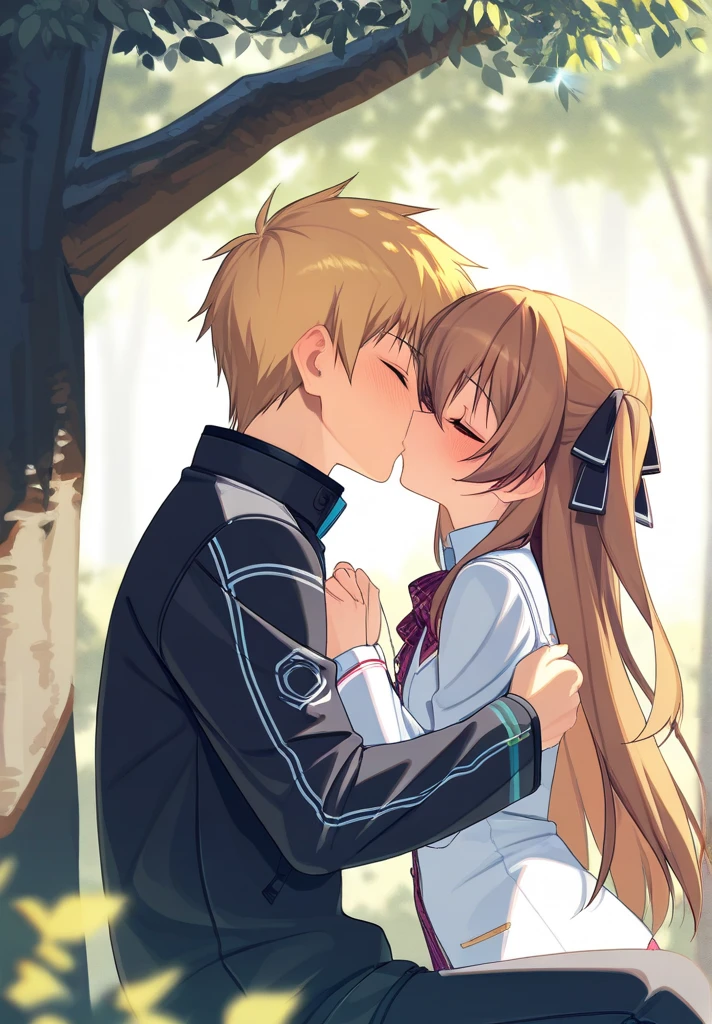  masterpiece,  best quality, HD, 6k resolution ,taiga aisaka and ryuuji _takasu kiss ， under a tree  ， beautiful scenery of nature