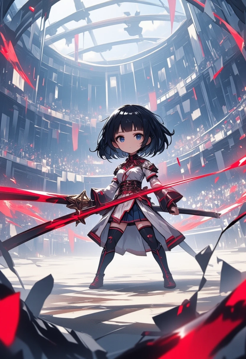 chibi, cool beauty, expressionless, blunt bangs, black straight hair, black eyes, wearing white, navy blue and red magic school uniform, holding a magic sword, background Arena, anime manga illustration, ultra detailed, absolutely resolution, masterpiece