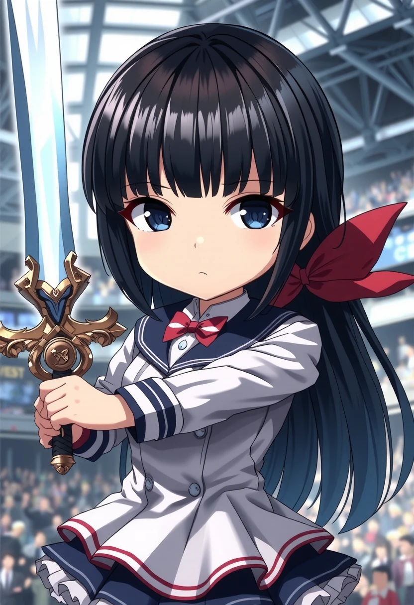 chibi, cool beauty, expressionless, blunt bangs, black straight hair, black eyes, wearing white, navy blue and red magic school uniform, holding a magic sword, background Arena, anime manga illustration, ultra detailed, absolutely resolution, masterpiece