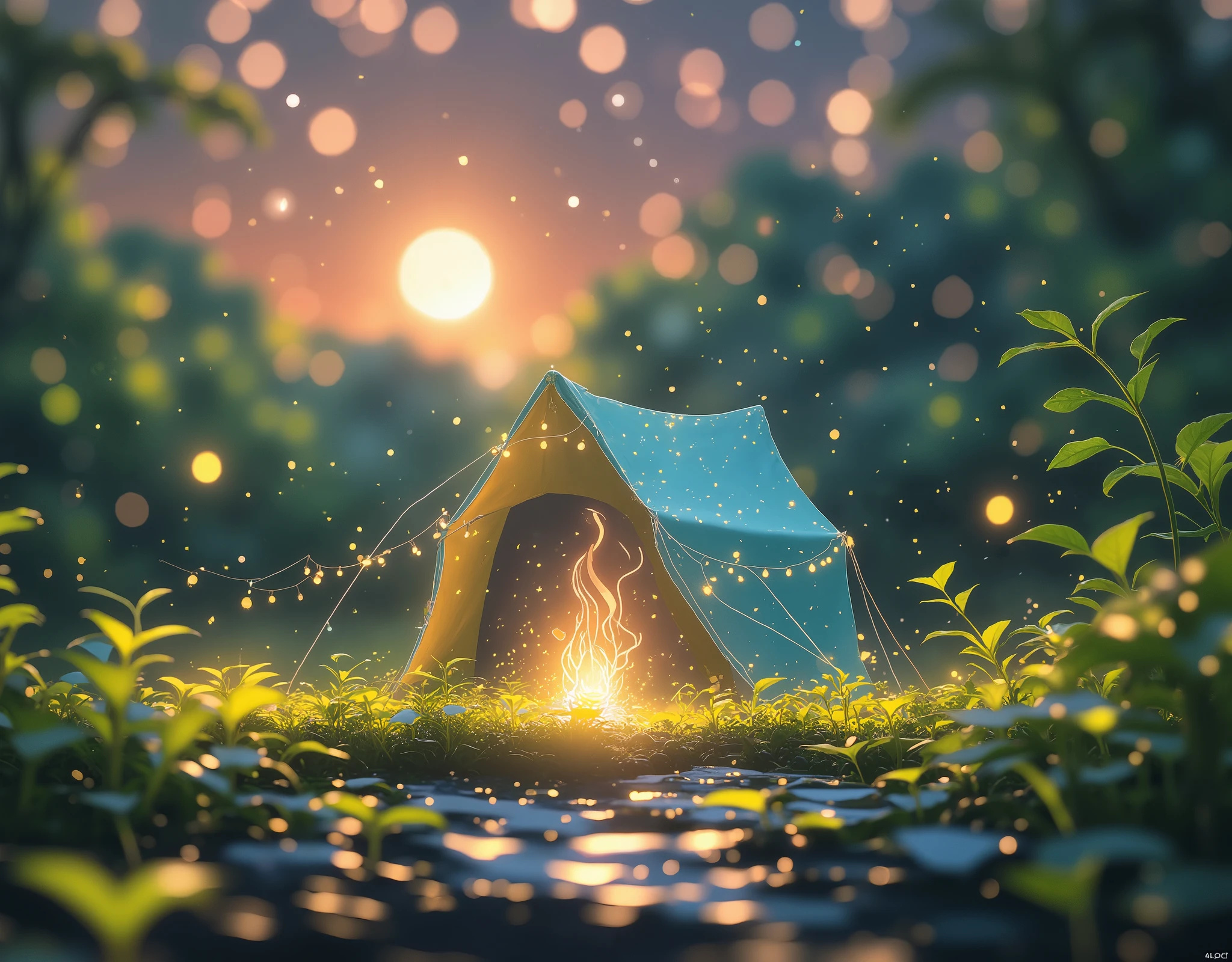 1.background: 깊고 신비한 핑크빛과 보라빛 night하늘이 background을 차지하고, , and the stars are shining all over the sky . It crosses the sky while drawing a smooth trajectory. .
2. Camping Setup : 예쁜 인디언 tent가 세워져 있고, tent 주변에는 아늑한 동그란 알전구 장식이 걸려 있어 따뜻한 느낌을 더해줍니다. tent 옆에는 작은 가랜드가 바람에 살랑거리는 모습도 표현됩니다.
3. bonfire : tent 앞에는 아늑한 bonfire 이 타오르고, The flame has a warm orange color and warms the surrounding air . bonfire 근처에는 캠핑 의자와 소파가 놓여 있어 여유로운 분위기를 연출합니다.
4.Camper : tent 한쪽에 레트로 느낌이 나는 Camper 가 background에 자리잡고 있어요. Camper 의 창문에서 부드러운 빛이 새어 나오고, There are small decorative lights hanging around the .
5. Natural Elements : 주변엔 부드럽게 흐르는 작은 시내와 숲 속의 Trees이 보이며, moonlight shines softly through the leaves. . Ultra HD, masterpiece, Award-winning quality , high resolution , 8k, High Details , outdoor camping, camper van, Camp , tent, A crowd having fun by the campfire , lake, Trees, night, 별이 빛나는 night하늘, amazing view