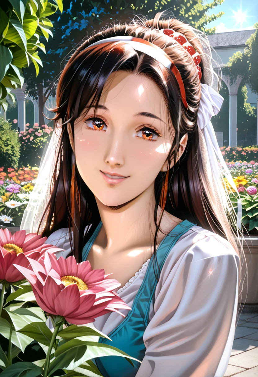 a beautiful young girl in a sunny day, 1girl, long hair, detailed face, beautiful eyes, cute expression, smiling, outdoor, garden, flowers, sunlight, warm colors, highly detailed, (best quality,4k,8k,highres,masterpiece:1.2),ultra-detailed,(realistic,photorealistic,photo-realistic:1.37),digital painting, vibrant colors, natural lighting, intricate details, soft focus