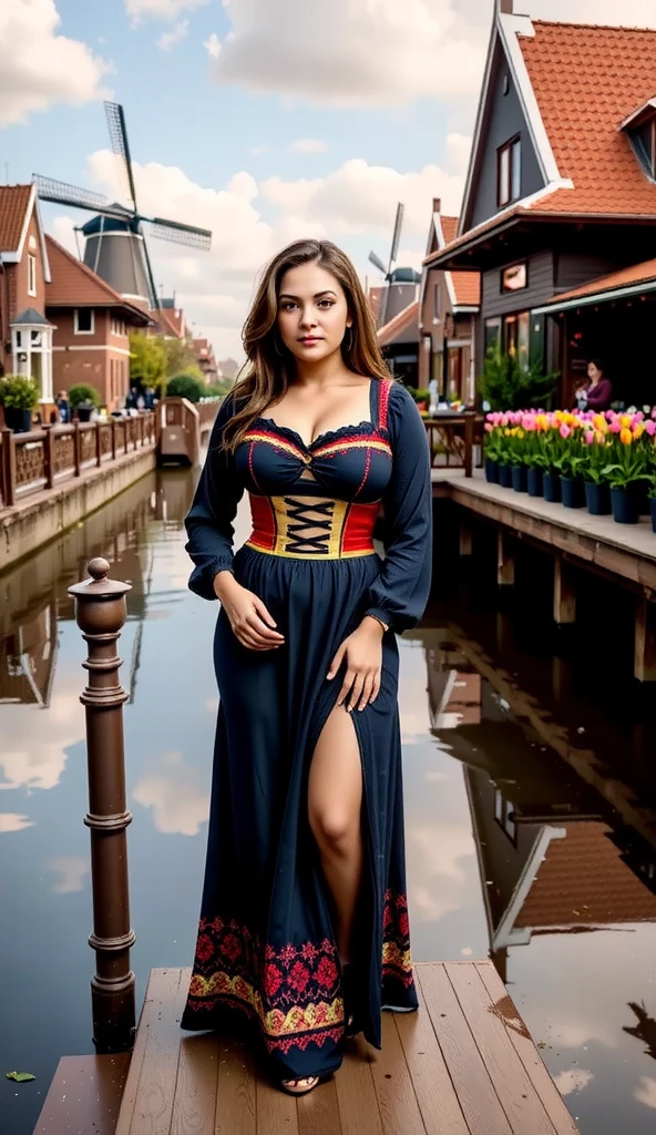 By the edge of a serene canal in Zaanse Schans, a young woman dressed in a traditional German gown with a contemporary twist poses elegantly. Her gown features bold colors and intricate patterns, blending history with modern fashion. Reflections of windmills and vibrant tulip fields shimmer on the canal’s surface, creating an enchanting harmony of natural and cultural beauty.
