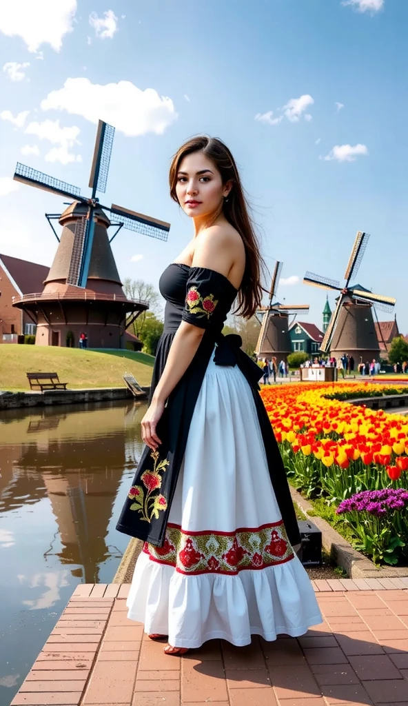 By the edge of a serene canal in Zaanse Schans, a young woman dressed in a traditional German gown with a contemporary twist poses elegantly. Her gown features bold colors and intricate patterns, blending history with modern fashion. Reflections of windmills and vibrant tulip fields shimmer on the canal’s surface, creating an enchanting harmony of natural and cultural beauty.
