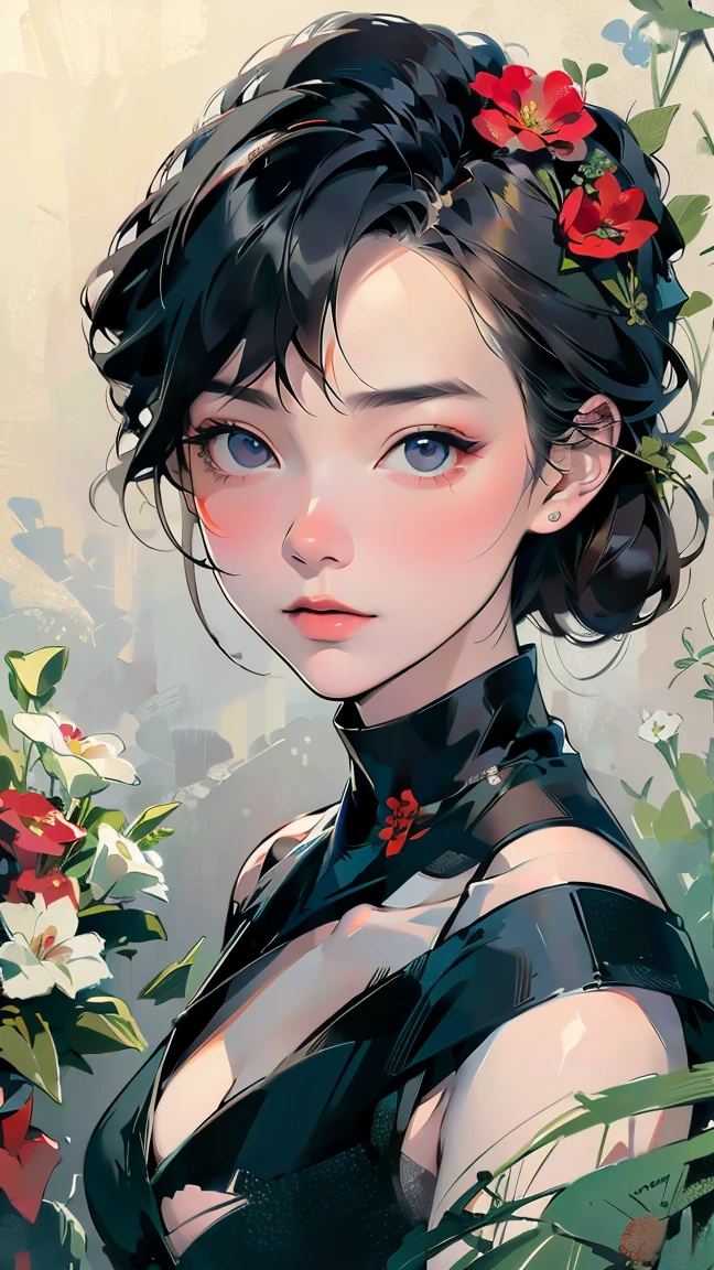 Beautiful woman、flower arrangement、Wabi-sabi art、Very detailed_face_eye、Very detailedface、Black Dress、white、gray、red、parchment、abstract flower arrangement、Three big flowers、Surrealist Art、silence、wallpaper、Highest quality、masterpiece、High resolution、８ｋ