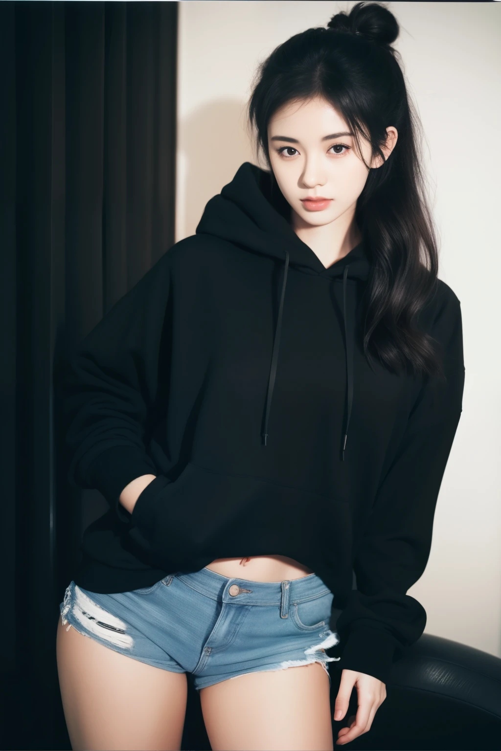 1 Girl, Overhead Camera, Huge , black hoodie ,No shorts, no pants ,underwear,thigh,Black Hair, high quality photo portrait taken with a Polaroid camera , taken with a Polaroid camera , double eyelids - ar 34 : 65 — Original style