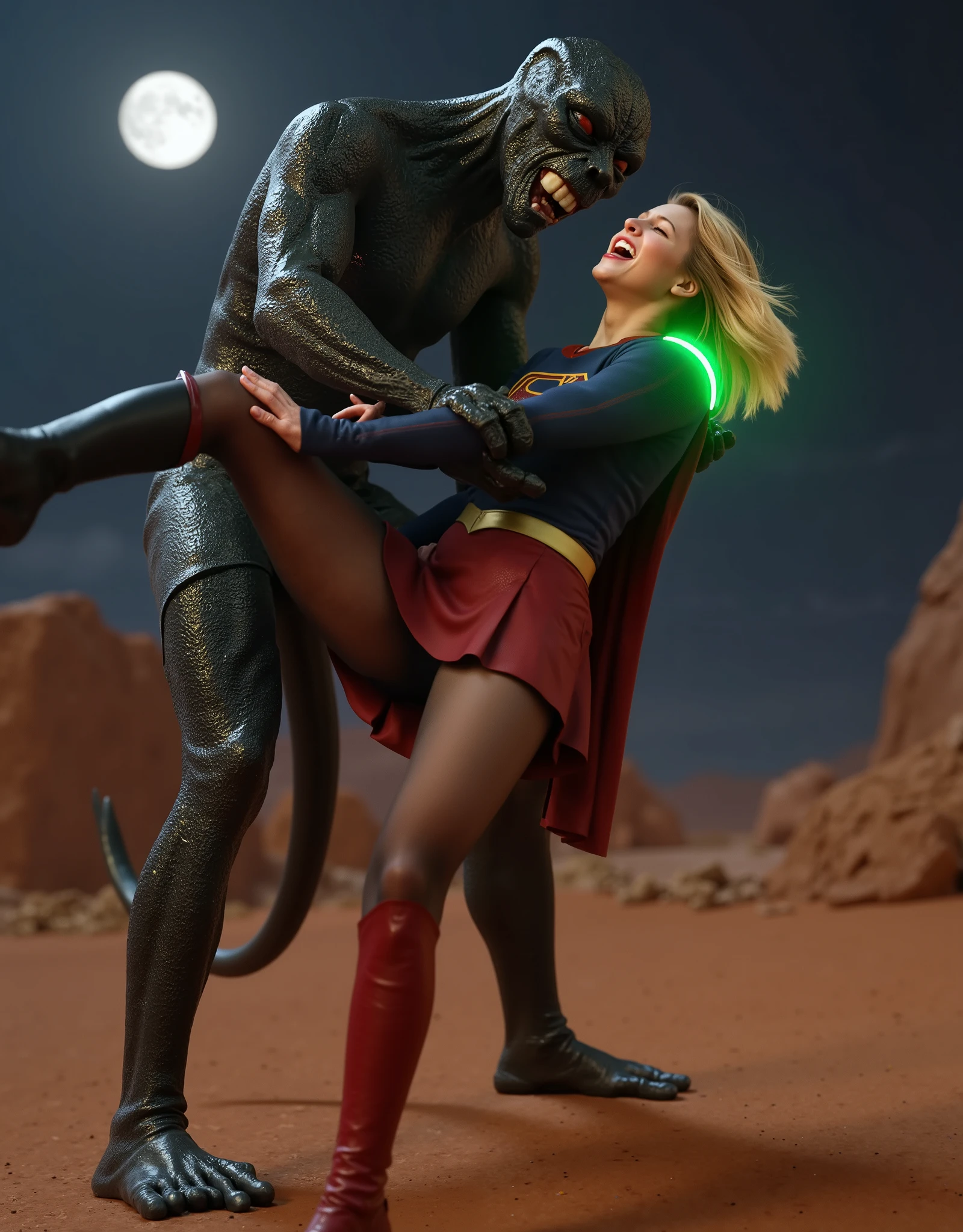 Melissa Benoist as Supergirl, Supergirl is fighting with a big alien monster, very bright white skin, can see whole body, She is wearing a thin black pantyhose, short red leather fabric skirt, red knee height long boots, blonde hair, lighting green collar on her neck, She is screaming in pain, seriously injured, painful, a huge body fierce Alien Monster hold and carry Supergirl body, the Alien Monster seize her body tightly and bite her neck, photorealistic, hyper realistic, night time on the Mar with moon lighting,