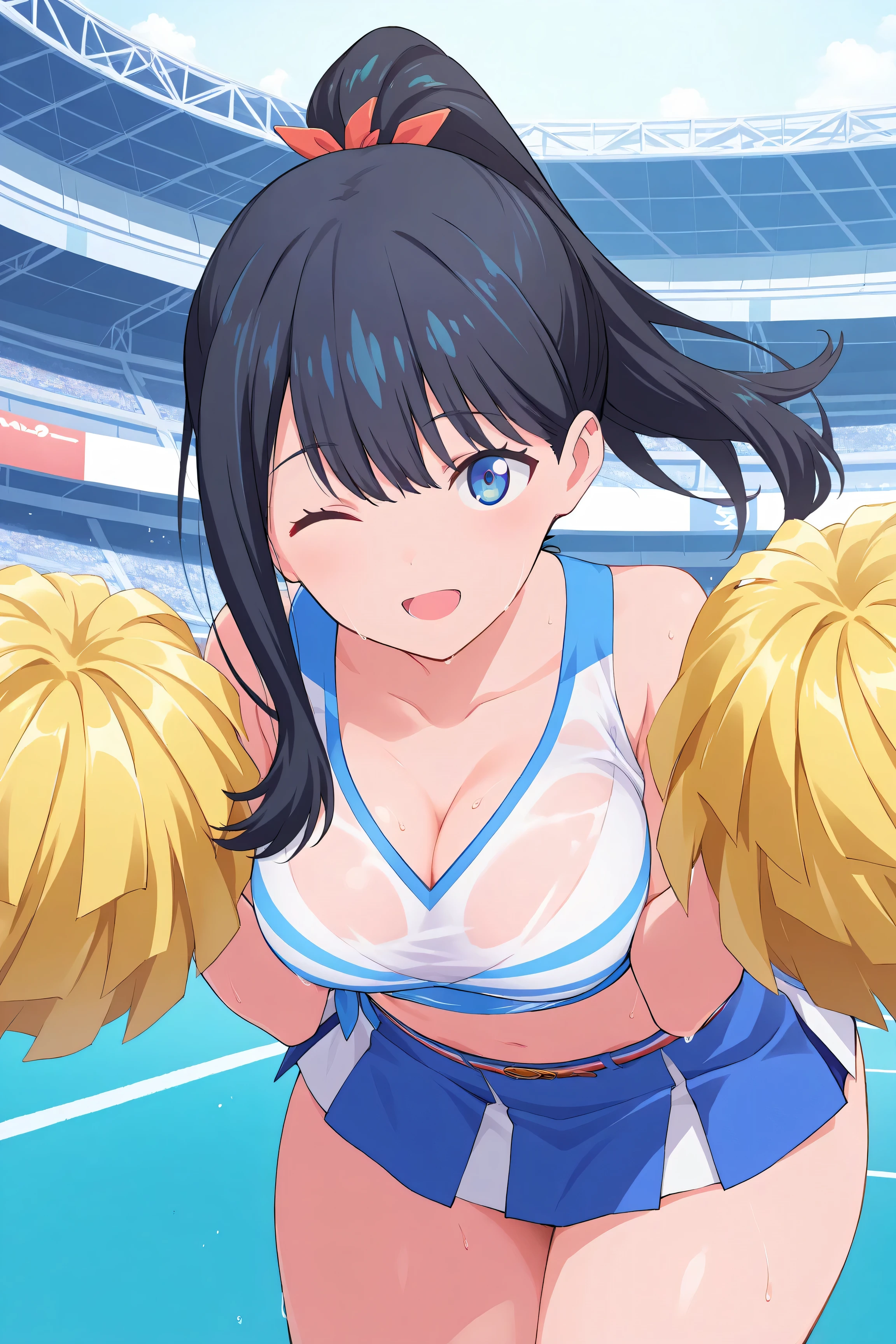 masterpiece,best quality,game cg,1girl,takarada_rikka,gridman_universe,ssss.gridman,solo,black_hair,blue_eyes,straight_hair,hair_between_eyes,looking_at_viewer,long_hair,(thick thighs:1.1), medium breasts, ponytail, happy, open mouth, blue cheerleader, blue topknot, sleeveless shirt, midriff, blue pleated miniskirt, holding pom poms, (((yellow pom poms))), close-up, bouncing breasts, cleavage, v arms, breast squeeze, (((hands up))), looking up ,smile, one eye closed, closed mouth, bent over, (see through:1.5), sweat, stadium, 