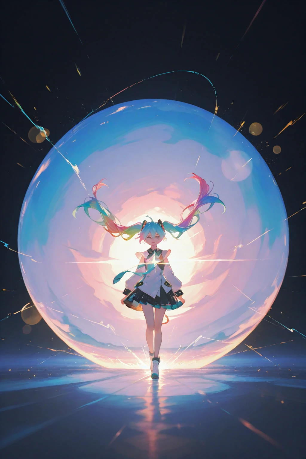 1girl,10th magical mirai miku,depth of field, light particles, lens flare,extreme aesthetic,masterpiece,best quality, good quality, newest,year 2024, year 2023,Visual impact, Electromotive force, perspective composition,A shot with tension,ultra-high resolution, 32K UHD,sharp focus,Emotionalization masterpiece,unconventional supreme, masterful details,with a high end texture,in the style of fashion photography,giving the poster a dynamic and visually striking appearance,impactful picture,offcial art,colorful, splash of color,
