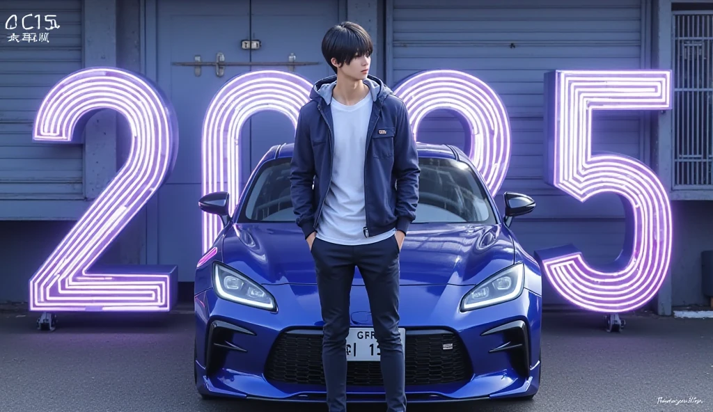 2025 new year poster((Handsome young man standing in front of neon light letter  , Hologram Effect)) ,  blue sports car"GR86"の前に立つハンサムな青年"Asuka"