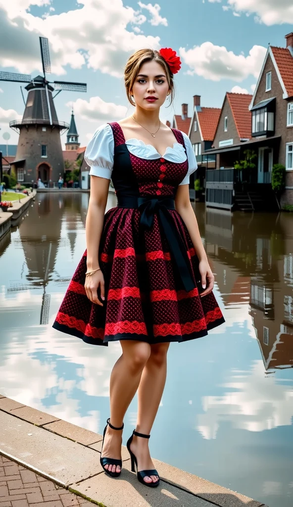 By the edge of a serene canal in Zaanse Schans, a young woman dressed in a traditional German gown with a contemporary twist poses elegantly. Her gown features bold colors and intricate patterns, blending history with modern fashion. Reflections of windmills and vibrant tulip fields shimmer on the canal’s surface, creating an enchanting harmony of natural and cultural beauty.
