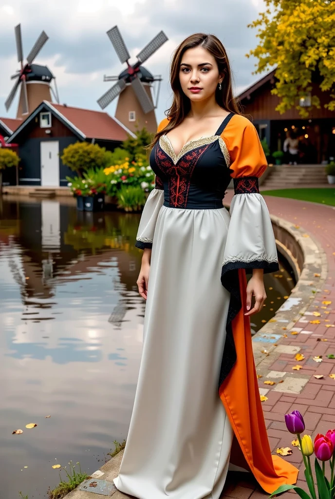 By the edge of a serene canal in Zaanse Schans, a young woman dressed in a traditional German gown with a contemporary twist poses elegantly. Her gown features bold colors and intricate patterns, blending history with modern fashion. Reflections of windmills and vibrant tulip fields shimmer on the canal’s surface, creating an enchanting harmony of natural and cultural beauty.
