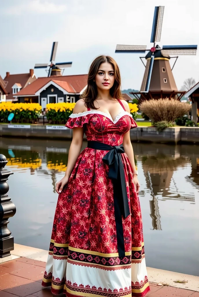 By the edge of a serene canal in Zaanse Schans, a young woman dressed in a traditional German gown with a contemporary twist poses elegantly. Her gown features bold colors and intricate patterns, blending history with modern fashion. Reflections of windmills and vibrant tulip fields shimmer on the canal’s surface, creating an enchanting harmony of natural and cultural beauty.
