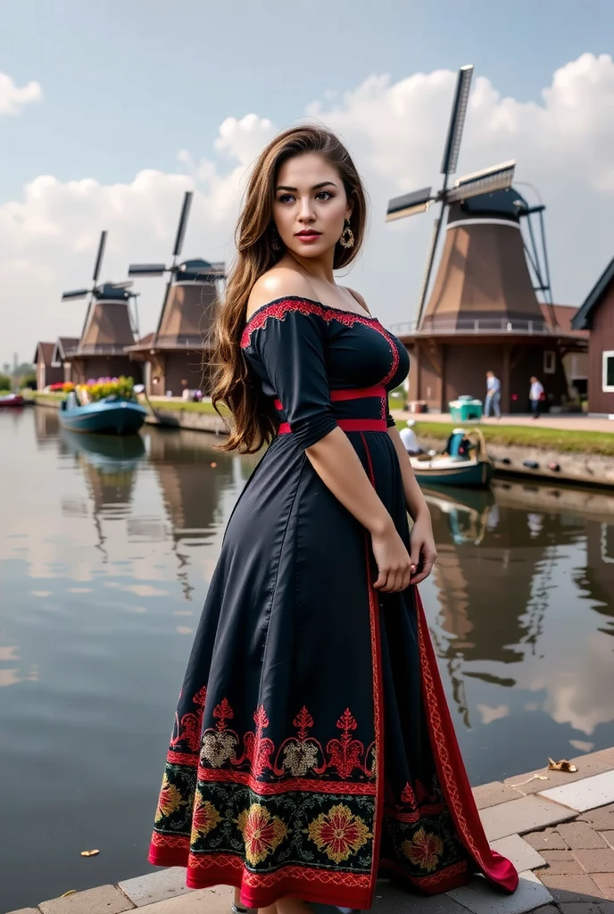 By the edge of a serene canal in Zaanse Schans, a young woman dressed in a traditional German gown with a contemporary twist poses elegantly. Her gown features bold colors and intricate patterns, blending history with modern fashion. Reflections of windmills and vibrant tulip fields shimmer on the canal’s surface, creating an enchanting harmony of natural and cultural beauty.
