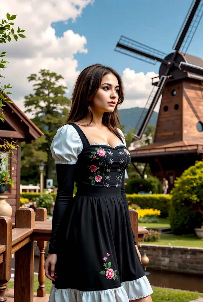  A graceful young woman, dressed in a layered German dirndl with soft pastel tones, stands beside a traditional wooden windmill at Zaanse Schans. Her dress features detailed embroidery of flowers and vines, perfectly blending with the surrounding greenery. The gentle breeze lifts her hair as she gazes toward the horizon, her silhouette framed by the timeless charm of the Dutch countryside.