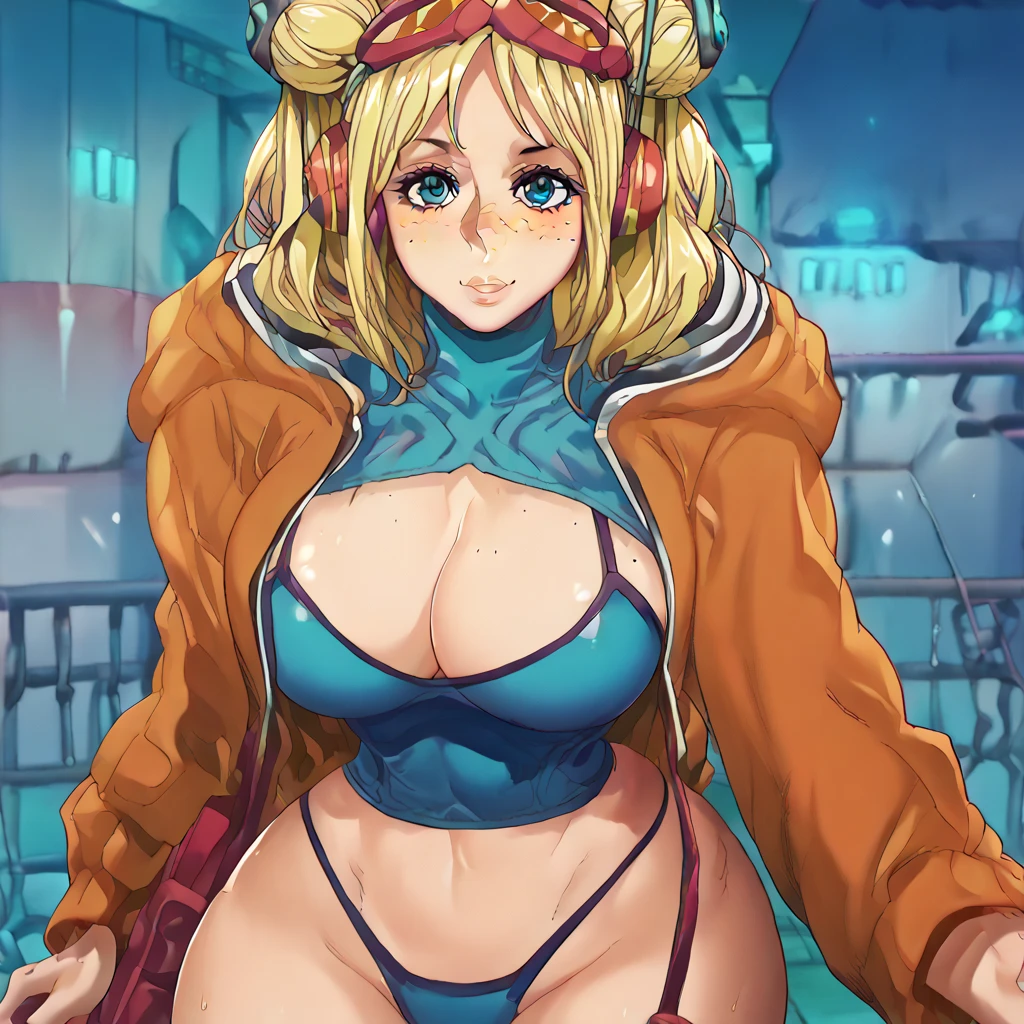 score_9, score_8_up, score_7_up, score_6_up, score_5_up, score_4_up, 1girl, blonde hair, long hair, double bun, headphones, aqua eyes, freckles, large breasts, narrow waist, wide hips, looking at viewer, high quality, masterpiece,  