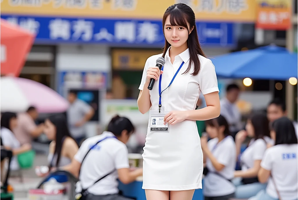 (masterpiece, best quality:1.2), 1woman, solo, Tamao, anchor woman, white tight uniform dress, she hold a microphone and live broadcasting in front of camera, crowd market, whole body photo