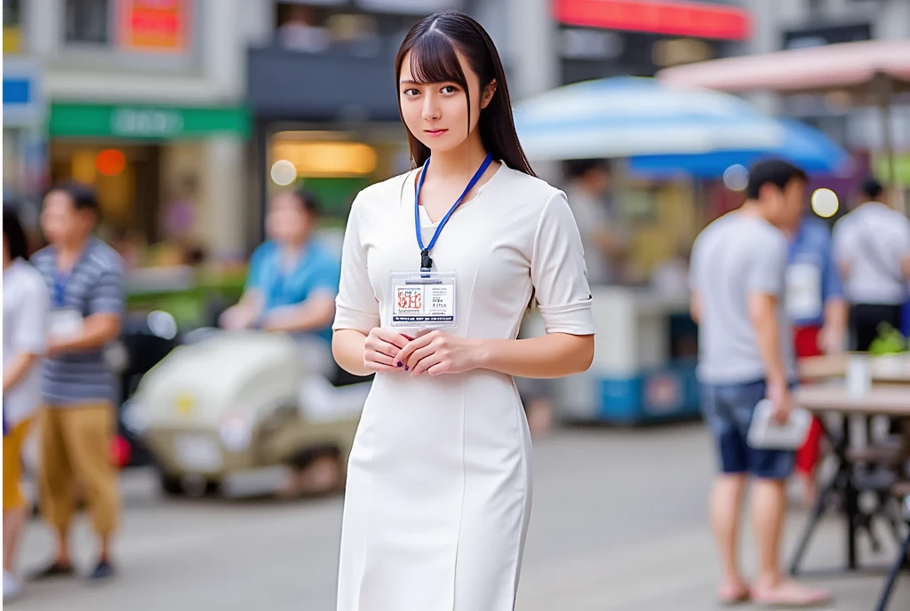 (masterpiece, best quality:1.2), 1woman, solo, Tamao, anchor woman, white tight uniform dress, she hold a microphone and live broadcasting in front of camera, crowd market, whole body photo