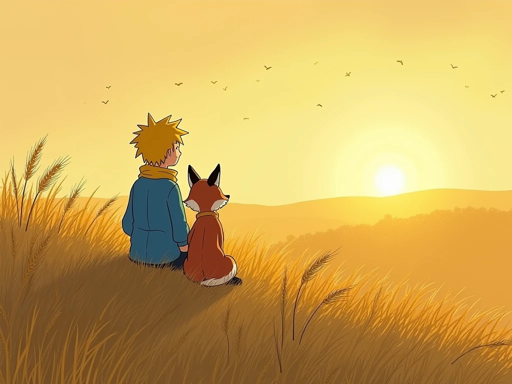 Mature illustrations The Little Prince wearing blue clothes and a yellow scarf is sitting The prince and the fox sit a little far apart side by side Watching the sunset on a hill with a view of a golden wheat field Picture seen diagonally from the back right from a little distance