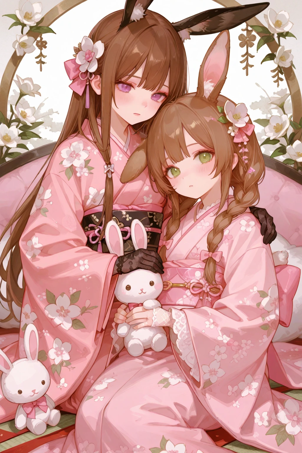 
long hair, looking at viewer, blush, bangs, multiple girls, brown hair, hair ornament, gloves, long sleeves, bow, 2girls, animal ears, twintails, jewelry, green eyes, purple eyes, braid, flower, hair bow, frills, japanese clothes, black gloves, hair flower, wide sleeves, pink eyes, kimono, rabbit ears, twin braids, animal ear fluff, sash, makeup, obi, floral print, stuffed toy, white flower, pink bow, lace trim, lace, lolita fashion, rabbit, stuffed bunny, pink kimono, fishnet gloves, lace gloves, wa lolita
