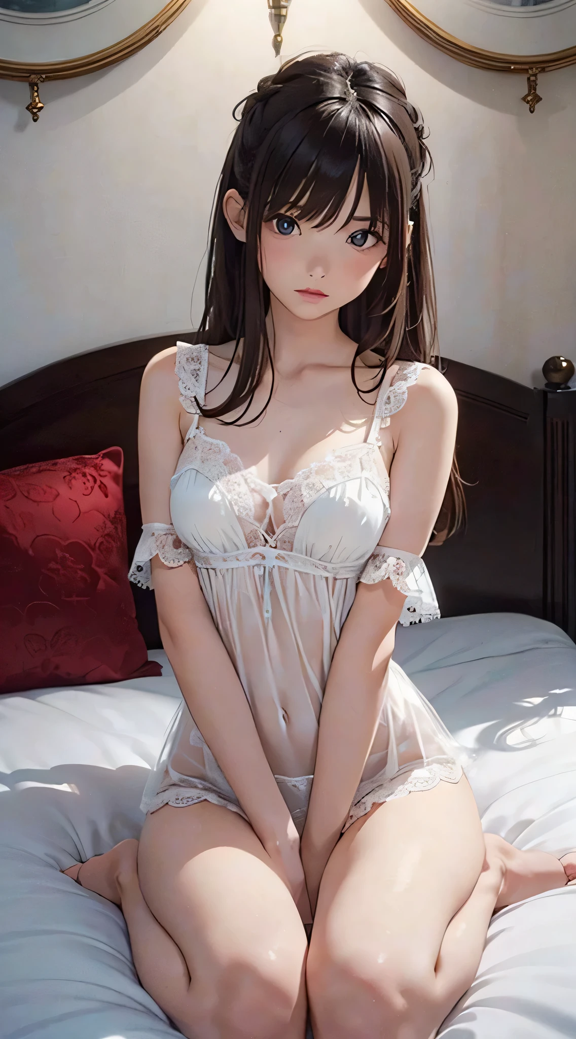 (Detailed eyes and face:1.2, Professional photography techniques), Cute face, Idol Face, Brown eyes, Heart Pupil, (masterpiece:1.2, Highest quality, 8K, RAW Photos), Very detailed, dress, (Very cute girl) , Lying in bed, Raise your arms, Beautiful armpits, (From above), Japanese, smile, Maiden's bedroom