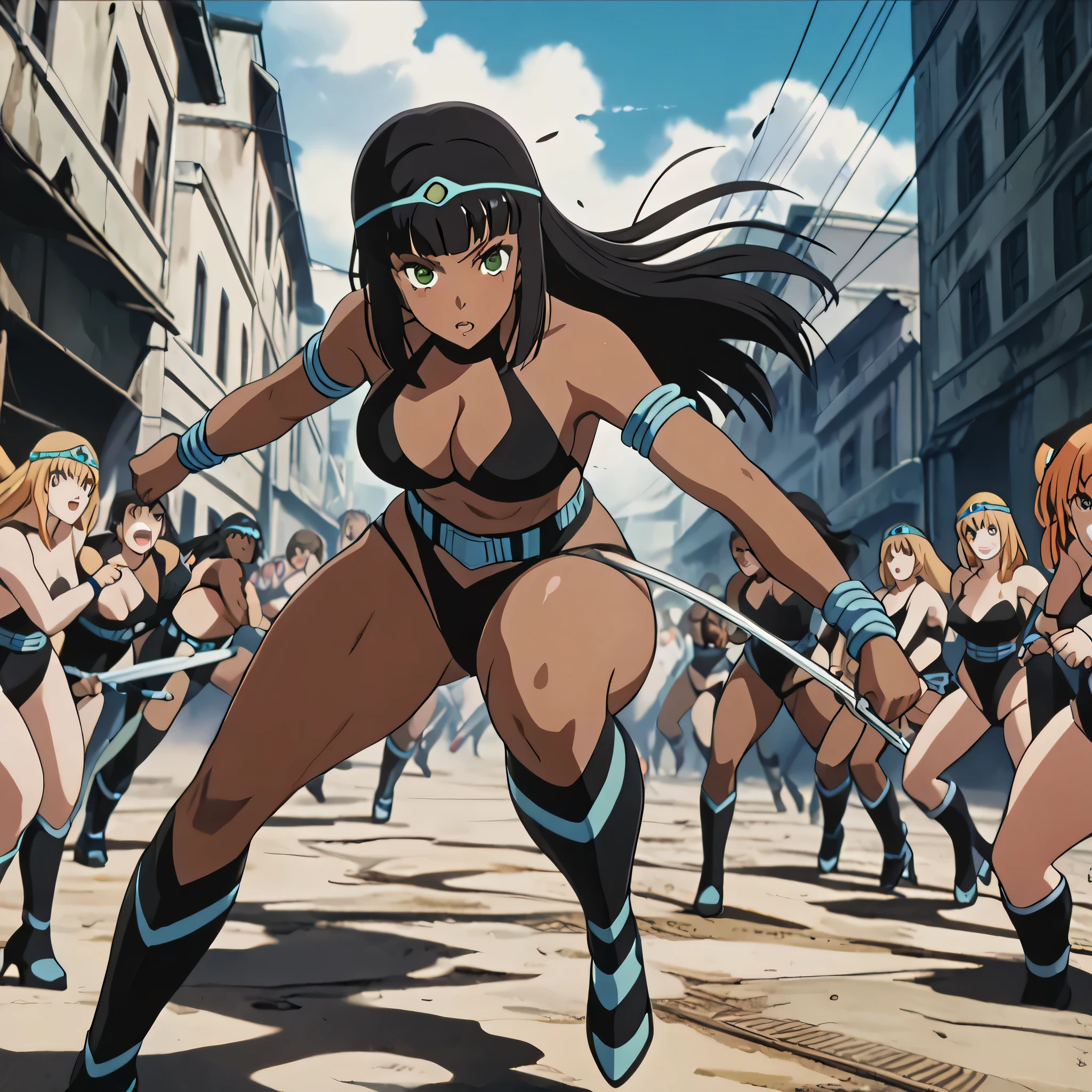 (((Masterpiece))), (((Best Quality))), ((Super Detail)), ultra-High resolution, score_9,score_8_up,score_7_up,score_6_up,score_5_up,score_4_up, BREAK, source_anime, anime screencap, uncensored, rating_explicit, Masterpiece, curvy, dark persona, looking at viewer, full body, Fighting Stance, shmnmzg3r, horizontal pupils, black leotard, clothing cutout, high heel boots, knee boots, circlet, armlet, bracelet, belt, halterneck, (((solo, 1girl))), hair ornament, large breast, Black hair, green eyes, dark-skinned female, long hair, blunt bangs, tione, apocalyptic background, battle, crowd, blood splatter, armor, fleeing, grabbing, running, foreshortening, attack, fighting, torn clothes,