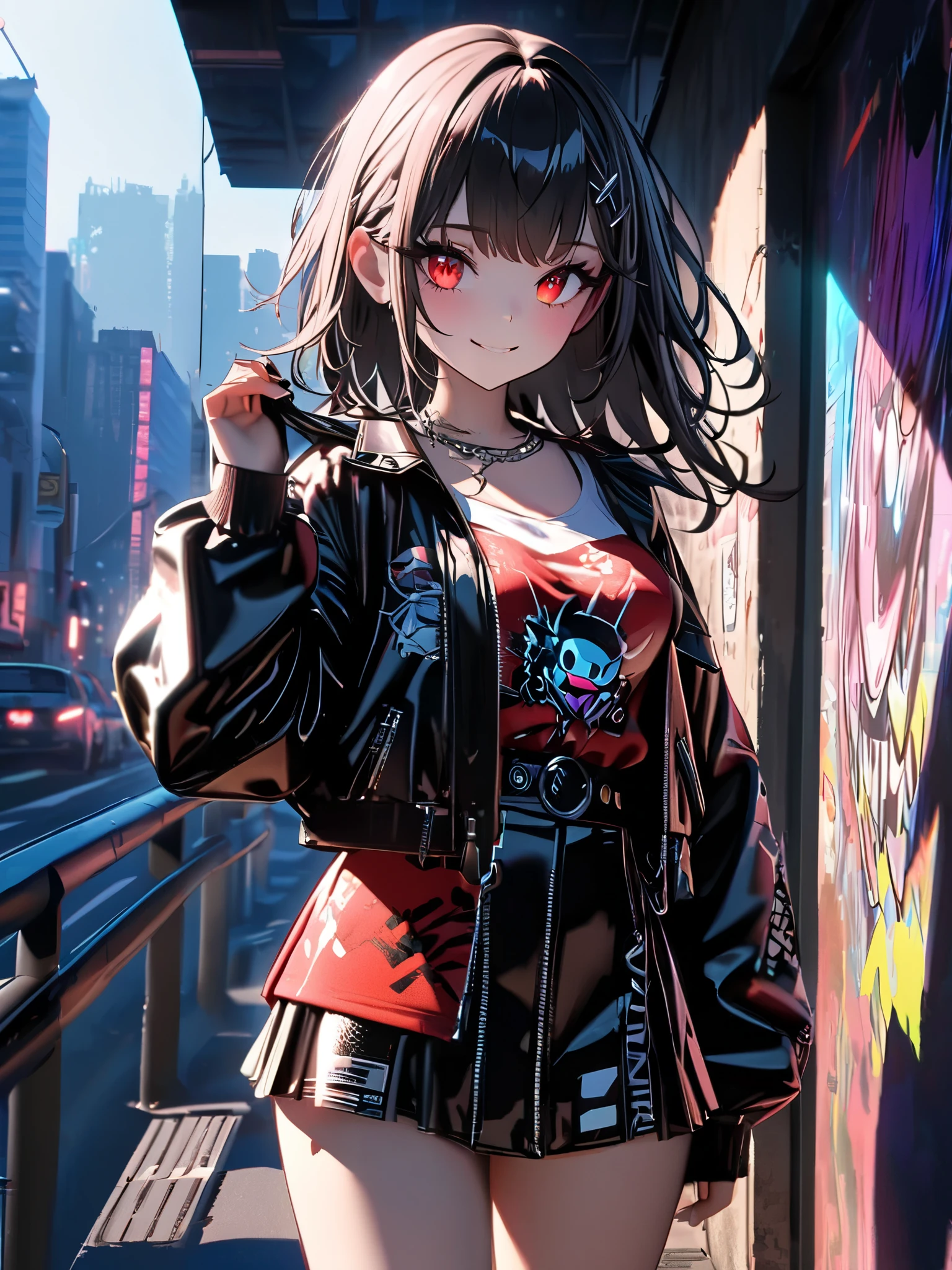 Anime girl in a leather jacket and skirt standing on a sidewalk - SeaArt AI