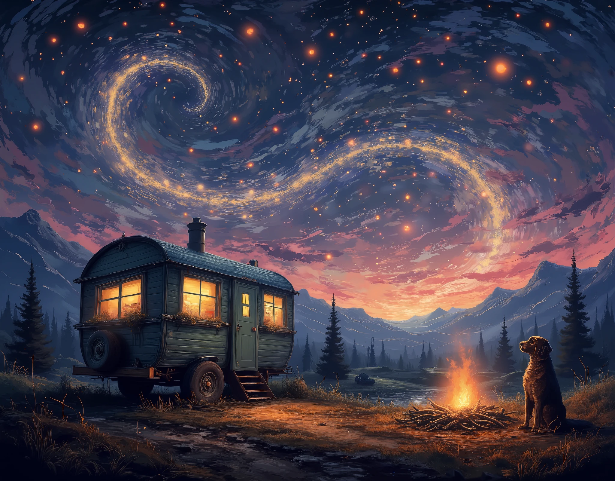 1.background: 깊고 신비한 핑크빛과 보라빛 night하늘이 background을 차지하고, , and the stars are shining all over the sky . It crosses the sky while drawing a smooth trajectory. .
2. Camping Setup : 예쁜 인디언 tent가 세워져 있고, tent 주변에는 아늑한 동그란 알전구 장식이 걸려 있어 따뜻한 느낌을 더해줍니다. tent 옆에는 작은 가랜드가 바람에 살랑거리는 모습도 표현됩니다.
3. bonfire : tent 앞에는 아늑한 bonfire 이 타오르고, The flame has a warm orange color and warms the surrounding air . bonfire 근처에는 캠핑 의자와 소파가 놓여 있어 여유로운 분위기를 연출합니다.
4.Camper : tent 한쪽에 레트로 느낌이 나는 Camper 가 background에 자리잡고 있어요. Camper 의 창문에서 부드러운 빛이 새어 나오고, There are small decorative lights hanging around the .
5. Natural Elements : 주변엔 부드럽게 흐르는 작은 시내와 숲 속의 Trees이 보이며, moonlight shines softly through the leaves. . Ultra HD, masterpiece, Award-winning quality , high resolution , 8k, High Details , outdoor camping, camper van, Camp , tent, A crowd having fun by the campfire , lake, Trees, night, 별이 빛나는 night하늘, amazing view