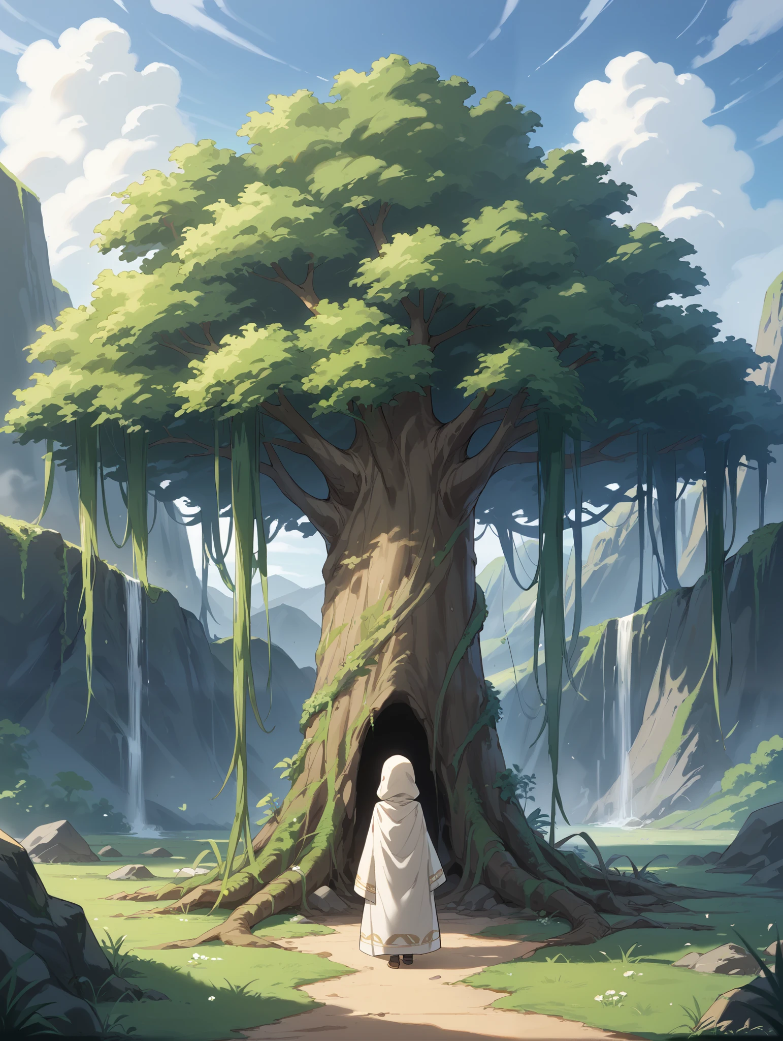 An anime-style illustration set in a breathtaking post-apocalyptic world on the brink of renewal. In the foreground, Kian and Lira stand back-to-back on a grassy hill, symbolizing their connection and shared sacrifice for the world.
Kian, standing tall, has his dark brown hair slightly messy and a worn battle cloak fluttering in the wind. His golden eyes glow faintly as he gazes forward with determination, holding a shard of the Evolution Core in his hand. The shard emits a soft green and golden light, casting a radiant glow on his scarred yet resolute face.
Behind him, Lira stands gracefully, her long black hair with green-tinted tips flowing in the wind. Her form is semi-translucent, blending into the scenery, symbolizing her sacrifice and eternal connection to the world. Her emerald eyes look over her shoulder, filled with quiet strength and serenity. Green, glowing vines wrap around her arms and feet, extending into the earth and connecting her to the massive tree in the distance.
In the midground, villagers and Evarics work together in harmony, rebuilding homes and cultivating land. The background features a massive, ancient tree with glowing green vines coiled around its trunk, standing as a symbol of life and hope. The tree emanates a soft, magical light that illuminates the barren landscape, slowly being reclaimed by nature.
The sky above transitions dramatically from dark storm clouds on one side to a vivid, golden dawn on the other, symbolizing the shift from despair to hope. Subtle rays of light from the crystal shard and the tree create a magical, ethereal atmosphere, emphasizing themes of sacrifice, unity, and rebirth. Kian and Lira’s contrasting yet harmonious postures represent the weight of the past and the hope for the future they have forged together