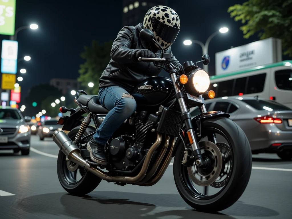 Ojek online wears jacket Grab bike helmet face skull tight jeans ripped riding fast turning motorcycle dark night