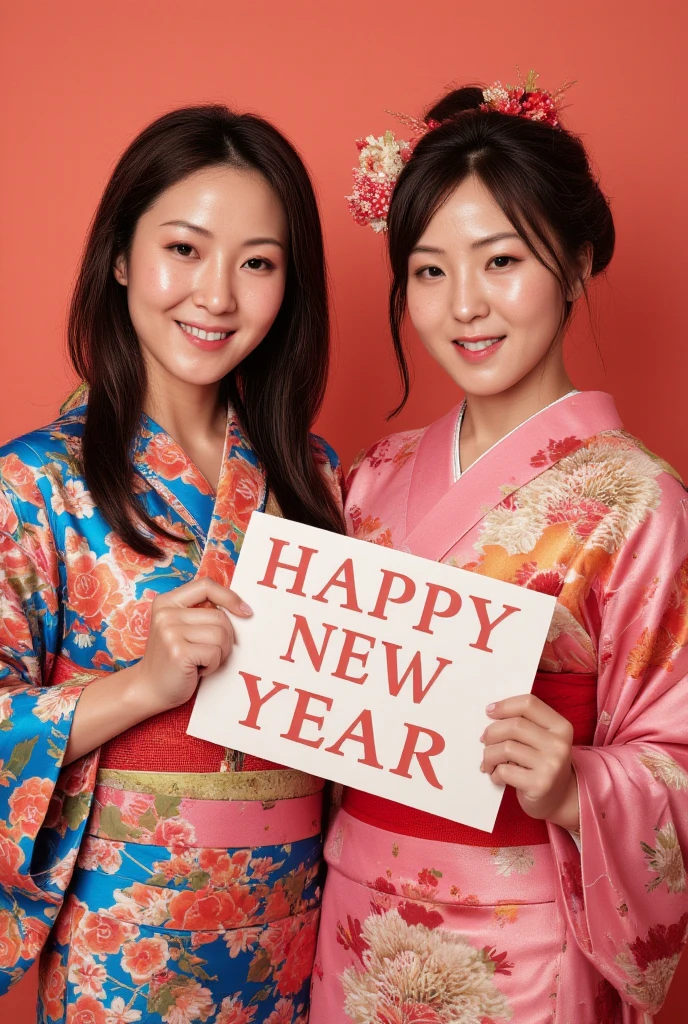 new year poster，" happy new year "A sign that reads， Japanese Beauties in Kimonos