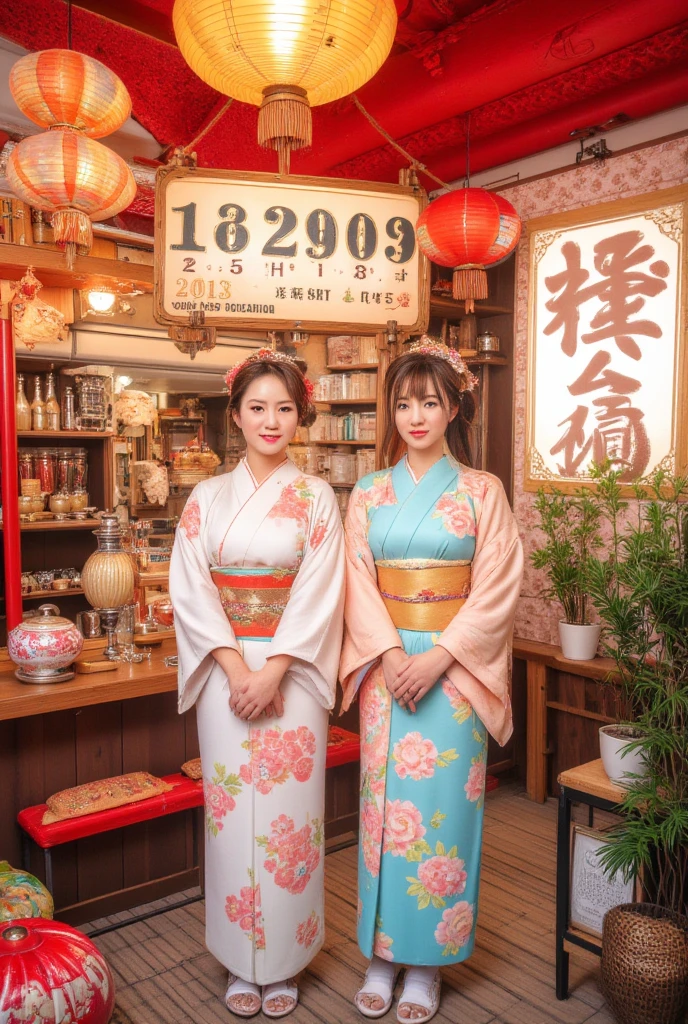 new year poster，" happy new year "A sign that reads， Japanese Beauties in Kimonos