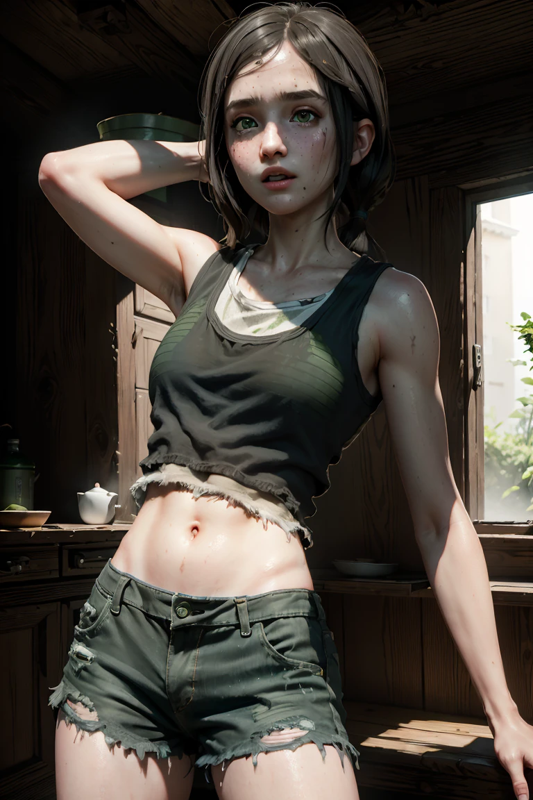 (A (severus snape's daughter:(european girl,black hair, green eyes))girl, summer, sweaty, short shorts, nerdy, white tank top, tlou, torn clothes, unzipped