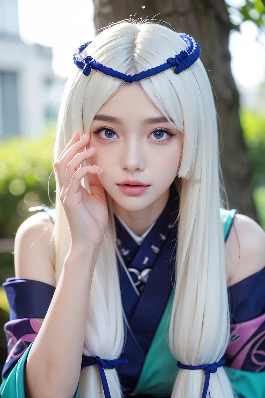 18 years old asian girl, white hair, festive japanese traditional dress, floral green dress, headdress with jade stone, sakura tree in the background, beautifull face, pretty face, beautifull eyes, beautifull nose, raytracing, beautiful fingers, beautifull hands, (full body photoshoot), pretty makeup, perfect anatomy, good lighting, sharp eye, fresh lips, photorealistic, 8k, HDR, ultra-detailed, highly detailed face, extremely detailed eyes and lips, beautiful detailed eyes, beautiful detailed lips, longeyelashes, sharp focus, vivid colors, studio lighting, physically-based rendering, cheerful, playful, full body,