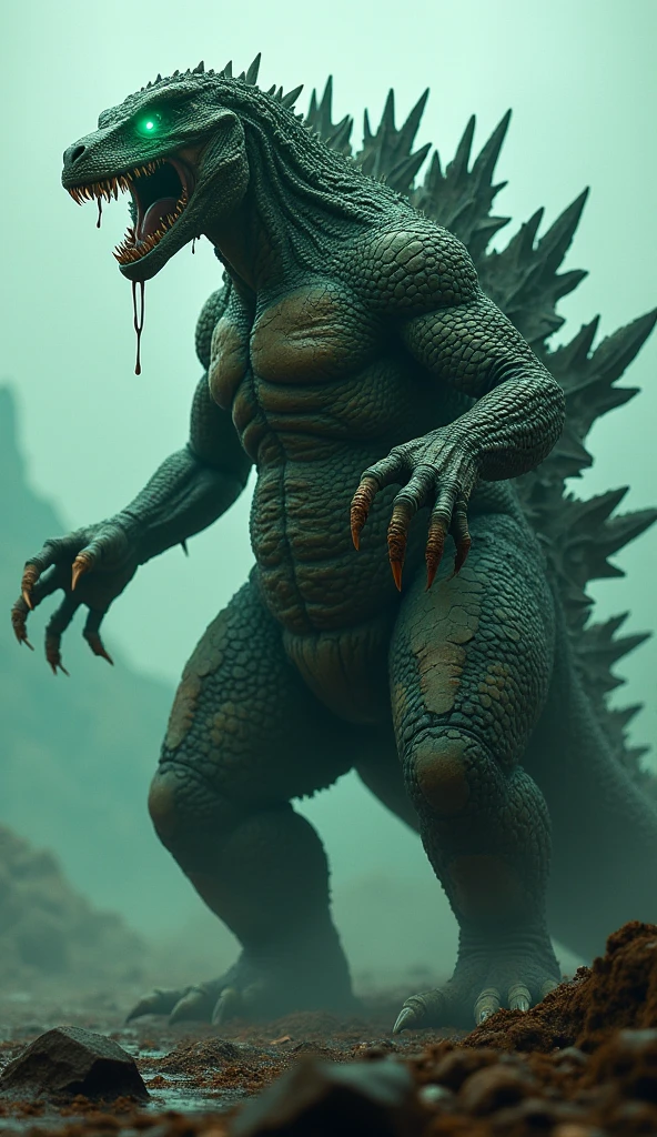 (Gore), Godzilla, defeat, Dying lying, (Dismember,) (stomach cut), (Blood gushes out), (Screaming with a pained expression), Wounds all over the body, Face also injured, Blood dripping from the wounds, Vomiting a large amount of blood, half of the body Torso cutting, Grotesque,