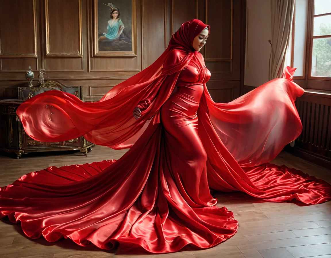A woman shrouded in a 7-meter-long, plush red satin cloth, tightly bound and grandly draping along the form of her body, flowing off into a pooled floor-length train, styled in a mermaid-inspired outfit, her head modestly veiled in a satin hijab, a full-body pose conveying a sense of mysterious elegance, captured in a 4k resolution, ultra-realistic