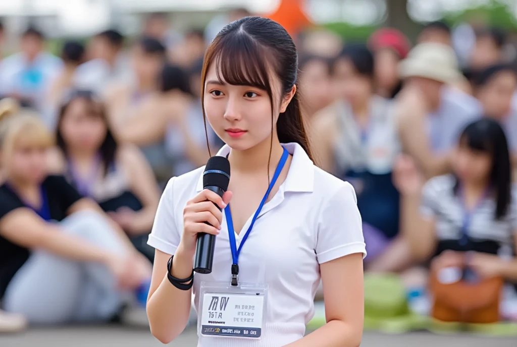 (masterpiece, best quality:1.2), 1woman, solo, Tamao, anchor woman, white tight uniform slim cutting dress, she hold a microphone and live broadcasting in front of camera, crowd market, whole body photo, summer and very hot weather