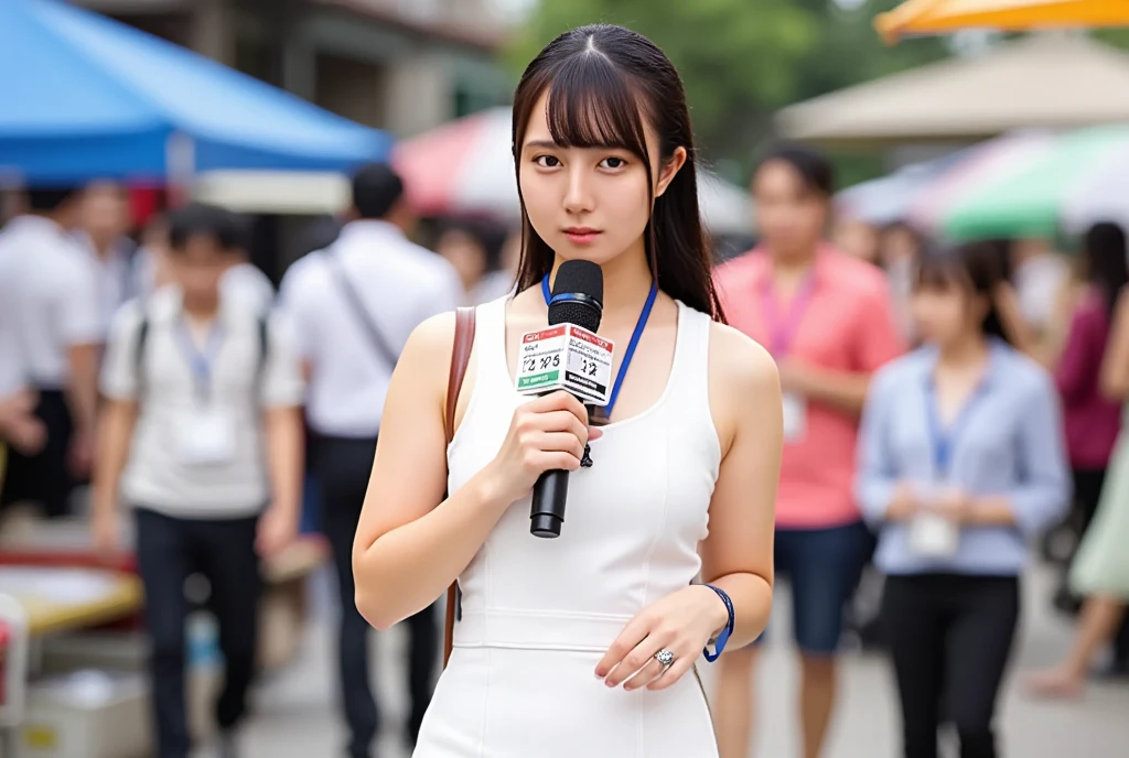 (masterpiece, best quality:1.2), 1woman, solo, Tamao, anchor woman, white tight uniform slim cutting dress, she hold a microphone and live broadcasting in front of camera, crowd market, whole body photo, summer and very hot weather