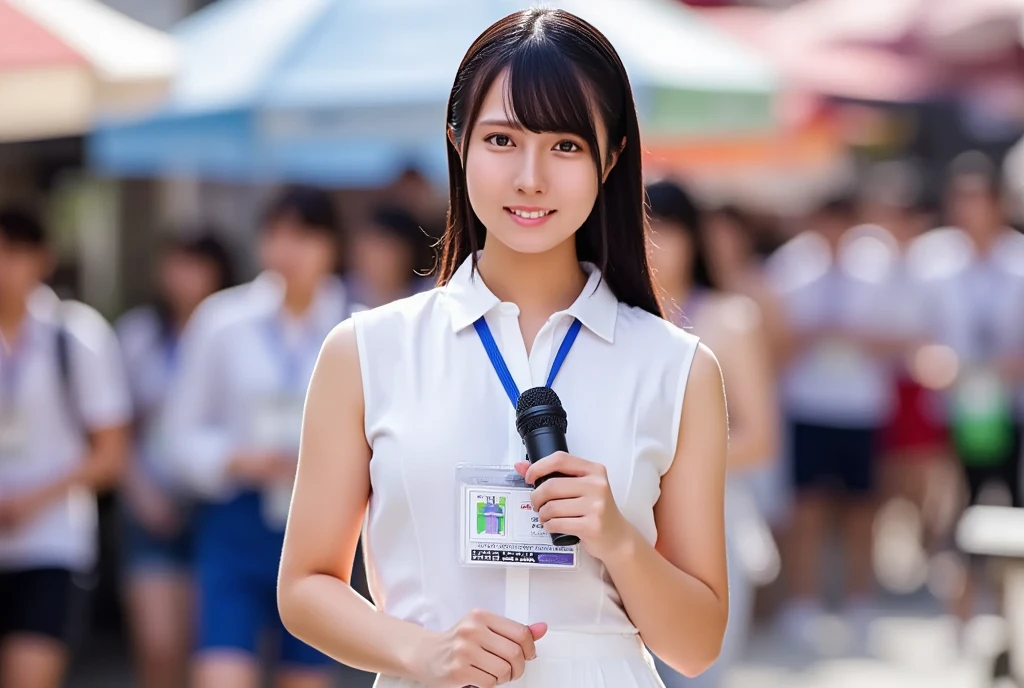 (masterpiece, best quality:1.2), 1woman, solo, Tamao, anchor woman, white tight uniform slim cutting dress, she hold a microphone and live broadcasting in front of camera, crowd market, whole body photo, summer and very hot weather