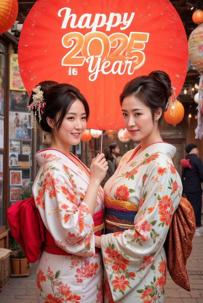 new year poster，" happy new year 　2025"A sign that reads， Japanese Beauties in Kimonos