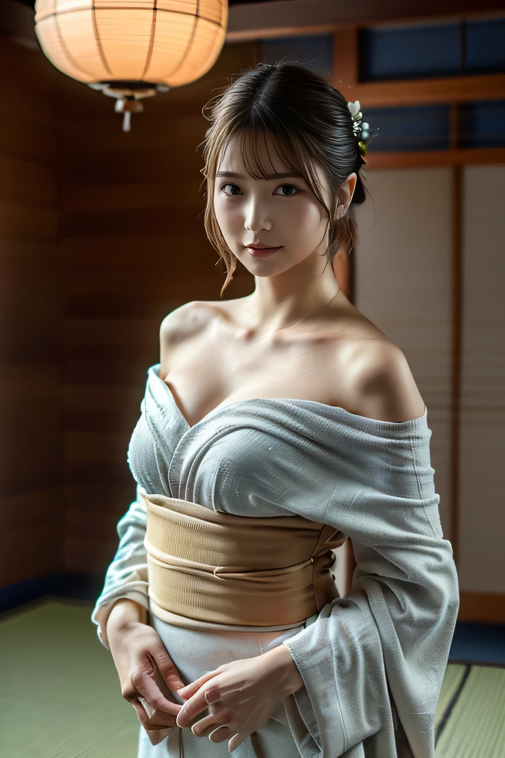 ((Off shoulder:1.3)),Big Breasts、The front is open、, Long winded [Blue-black:.3] hair,View your viewers, (masterpiece:1.3), (8k, Realistic, RAW Photos, Highest quality: 1.4), Japanese, Beautiful Face, (Realistic Face), beautiful hairstyle, Realistic eyes, Beautiful attention to detail, (Realistic Skin), Beautiful Skin, Charm, Ultra-high resolution,      Ultra-realistic, Very detailed, Golden Ratio,Nice winter weather, winter snowing 、((winter snowing:1.3))、    Panorama     、(Shrine interior、 tatami room :1.3),( traditional Japanese kimono:1.3),
,(detailed skin:1.2),(shiny skin:1.1),8k,best quality, masterpiece, ultra high res, ( upped hairstyle:1.3),(band:1.3),(Hairpin:1.3),(photorealistic:1.4), RAW photo,1woman, 