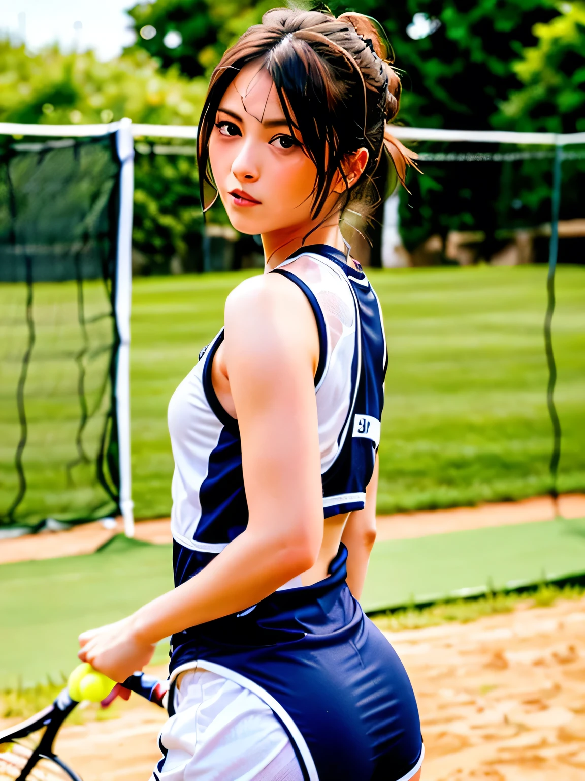 A young female tennis player dressed in a sleek blue tennis outfit stands ready, with her white undergarments visible. gripping her tennis racket with both hands in a poised and focused stance. The sunlight highlights the crisp lines of her attire and the polished strings of the racket. Her determined gaze locks onto an unseen opponent, exuding confidence and anticipation. The lush green grass of the tennis court extends into the distance, framed by a clear blue sky. This dynamic scene captures the perfect blend of elegance, power, and athletic prowess, showcasing her readiness to strike with precision and grace. smiles gently, FRIENDLY. ( RAW photos , top quality ), ( realistic , photo- realistic :1.4), masterpiece, extremely delicate and beautiful, extremely detailed, 2k wallpaper, amazing on the beach, Detailed description, extremely detailed CG unity 8k wallpaper, ULTRA DETAIL, high res, Soft light, beautiful detailed girl looking back, extremely detailed eyes and face, beautiful detailed nose, beautiful detailed eyes, cinematic lighting, Perfect Anatomy, slender body.