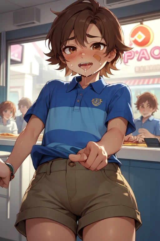 1 , Adorable Detailed Face, FNAF Gregory,  inside a detailed arcade pizzeria, (excited blush, smile lip gloss, detailed Band-Aid on the cheek of the face), (chin length brown hair, beautiful brown eyes), (Blue polo shirt with two horizontal stripes, tan cargo shorts), chiaroscuro,  bright colors, big thighs, tongue out, open mouth, big ass, provocative pose, semen, flat chest, ugly adult men around, drooling, torn shirt