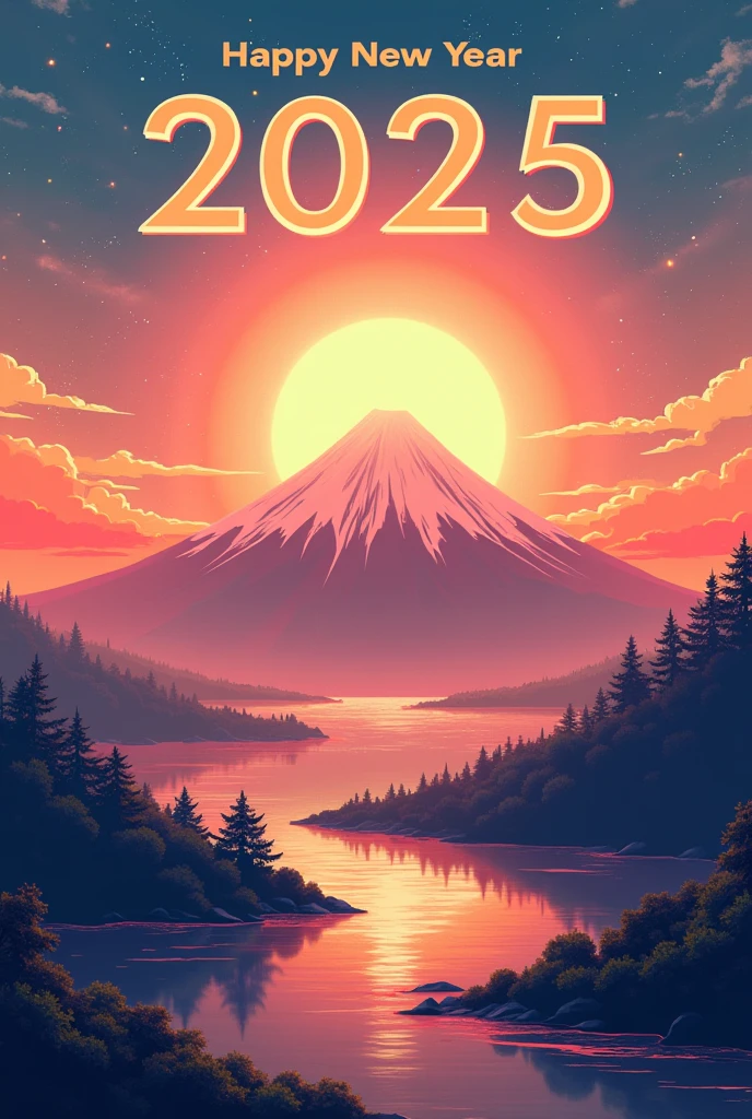 new year poster， First Sunrise、 Diamond Fuji,Title text “Happy New Year 　 2025”