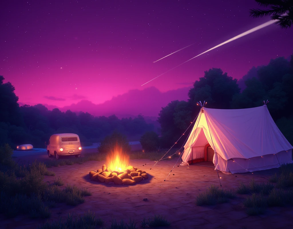 1.background: 깊고 신비한 핑크빛과 보라빛 night하늘이 background을 차지하고, , and the stars are shining all over the sky .  It crosses the sky while drawing a smooth trajectory. .
2. Camping Setup : 예쁜 인디언 tent가 세워져 있고, tent 주변에는 아늑한 동그란 알전구 장식이 걸려 있어 따뜻한 느낌을 더해줍니다. tent 옆에는 작은 가랜드가 바람에 살랑거리는 모습도 표현됩니다.
3. bonfire : tent 앞에는 아늑한  bonfire 이 타오르고,  The flame has a warm orange color and warms the surrounding air .  bonfire  근처에는 캠핑 의자와 소파가 놓여 있어 여유로운 분위기를 연출합니다.
4.Camper : tent 한쪽에 레트로 느낌이 나는 Camper 가 background에 자리잡고 있어요. Camper 의 창문에서 부드러운 빛이 새어 나오고,  There are small decorative lights hanging around the .
5. Natural Elements : 주변엔 부드럽게 흐르는 작은 시내와  숲 속의 Trees이 보이며,  moonlight shines softly through the leaves. . Ultra HD, masterpiece, Award-winning quality ,  high resolution , 8k,  High Details , outdoor camping, camper van, Camp , tent,  A crowd having fun by the campfire ,  lake, Trees, night, 별이 빛나는 night하늘,  amazing view 