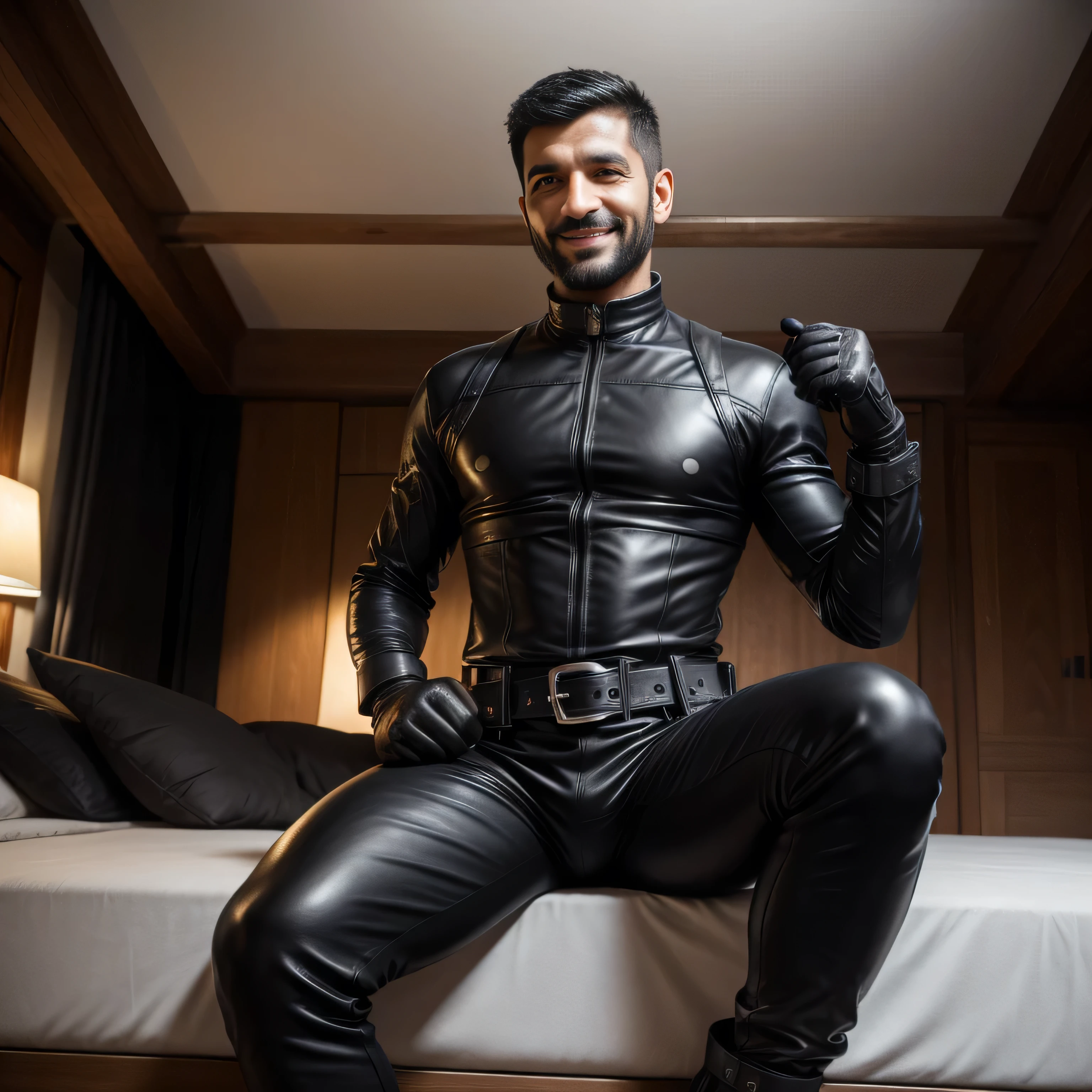 40 years old, One Man,、 black bodysuit 、Shocker Belt、 black gloves 、 carrying a pistol around the waist、bedroom、 in the living room in a snowy country、 logic, , black hair、Short Hair。 very short hair 、 handsome fighter arabic face sits with legs open 、View from below。 upper body up Black leather pants Smile