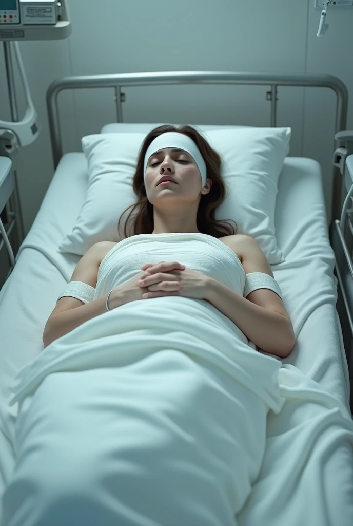 A beautiful girl in safron chador dead body laying down in a morgue bed 4k realistic full body displayed