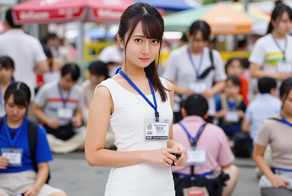 (masterpiece, best quality:1.2), 1woman, solo, Tamao, anchor woman, white tight uniform slim cutting dress, she hold a microphone and live broadcasting in front of camera, crowd market, whole body photo, summer and very hot weather