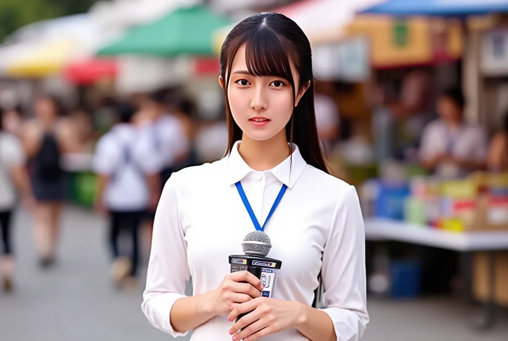 (masterpiece, best quality:1.2), 1woman, solo, Tamao, anchor woman, white tight uniform slim cutting dress, she hold a microphone and live broadcasting in front of camera, crowd market, whole body photo, summer and very hot weather